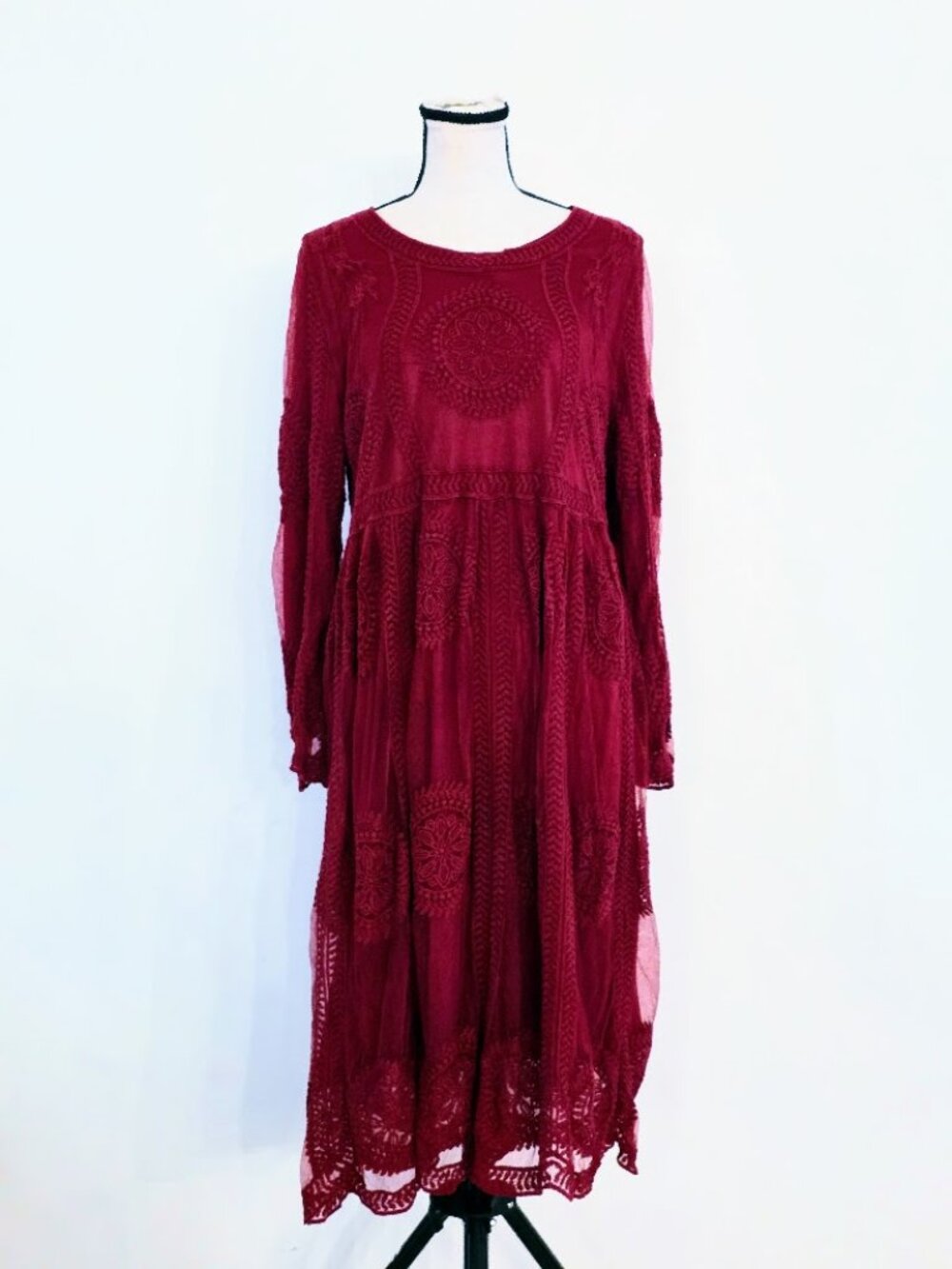Orange Creek Burgundy Lace Midi Dress Size M Boho Cottagecore Long Sleeve Medium